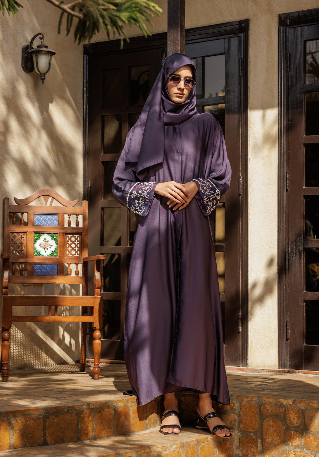Purple Dabka Sleeves Abaya | Serene Threads
