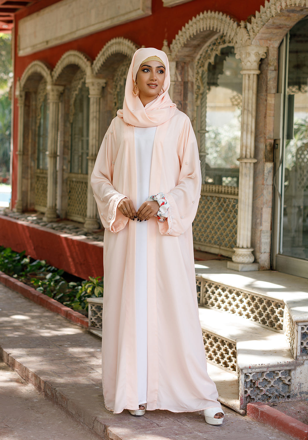 Coral front open abaya