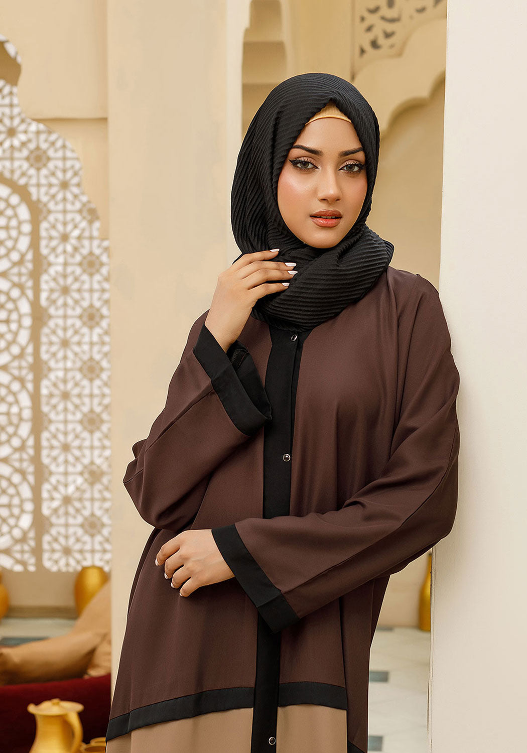 Bicolor Front Open Abaya Brown & Beige