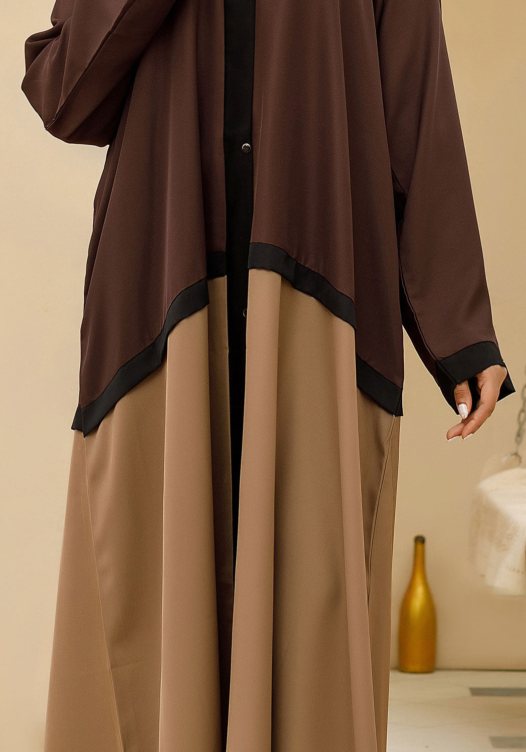 Bicolor Front Open Abaya Brown & Beige