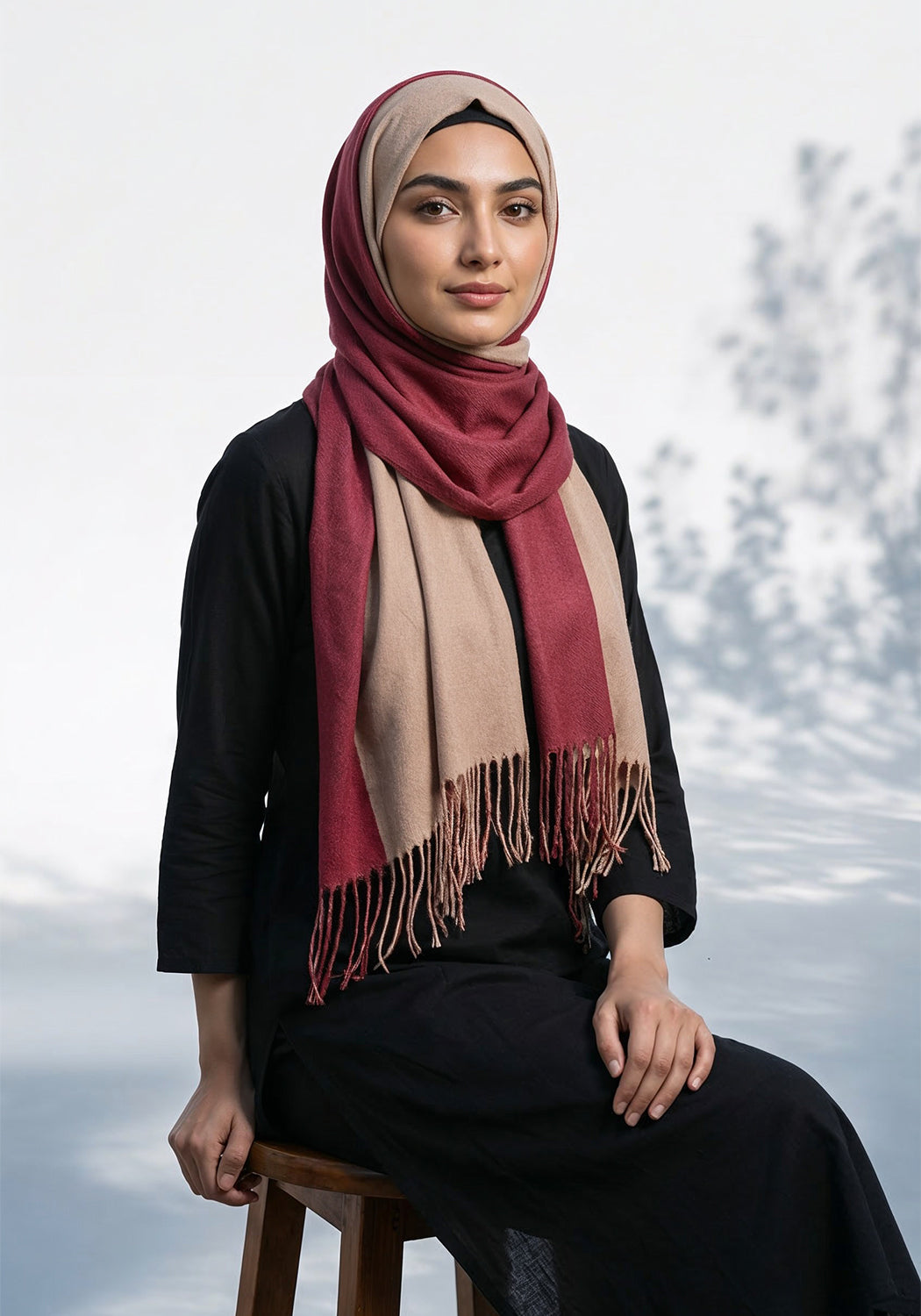 Dual Cashmere Hijab - Maroon - Fawn