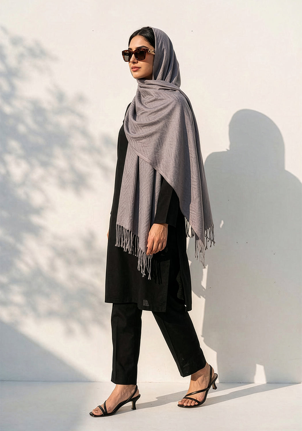 Palm Leaf Cashmere Hijab - Grey - Tea pink