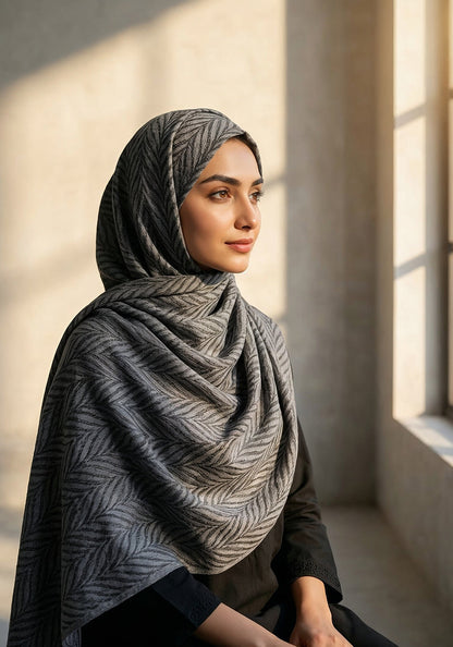 Palm Leaf Cashmere Hijab - Charcoal