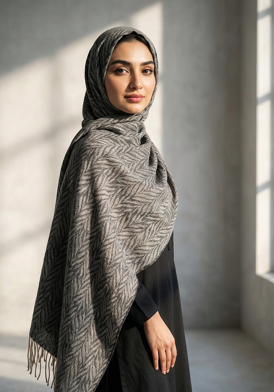 Palm Leaf Cashmere Hijab - Black-Fawn