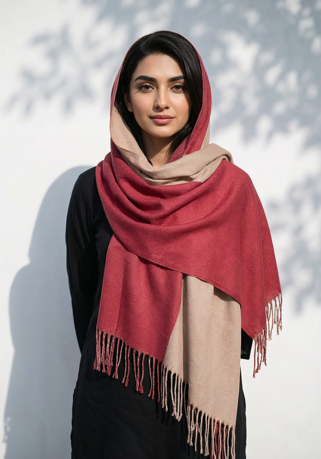 Dual Cashmere Hijab - Maroon - Fawn