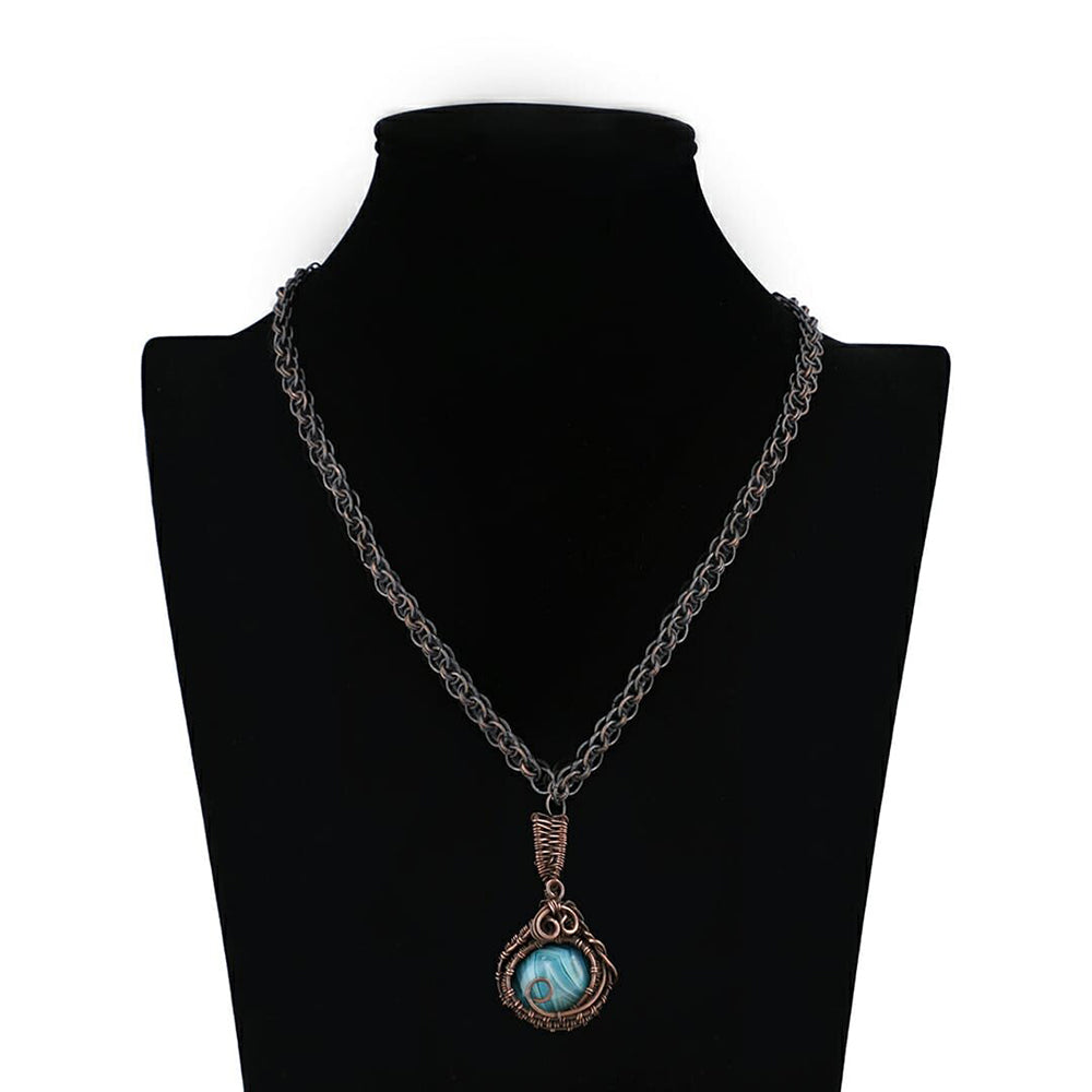 Blue stone wire wrapped oxidized pendant without chain