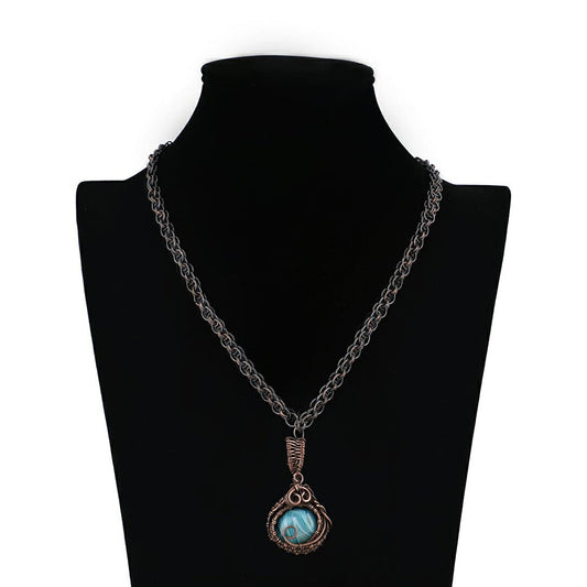 Blue stone wire wrapped oxidized pendant without chain