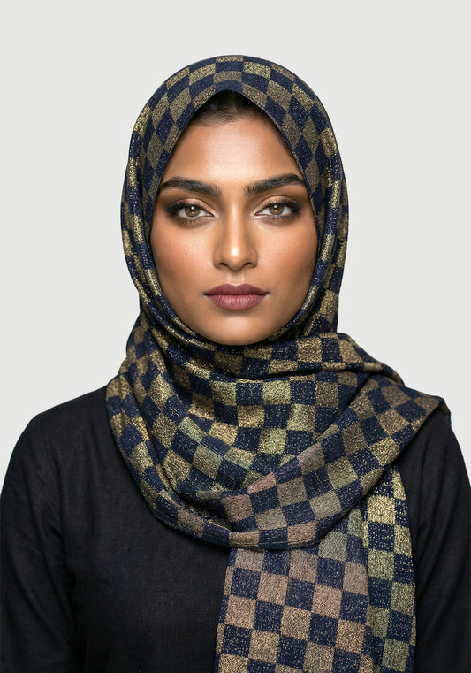 Chiffon Check Foil-Navy Blue