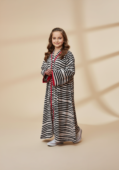 Kids Front Open Abaya Black Stripes