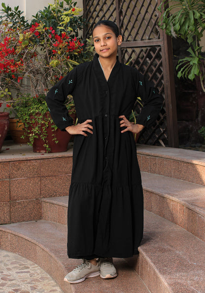 Kids Front Open Abaya Embroidered