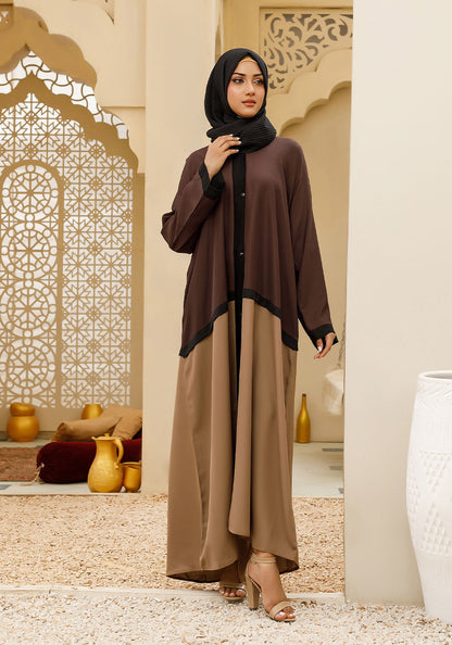 Bicolor Front Open Abaya Brown & Beige